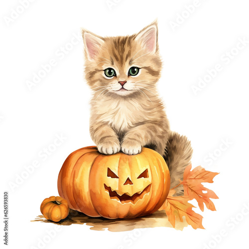 Halloween Cat with Pumpkin Watercolor Clipart,  Halloween Watercolor with Cat and Pumpkin, Cute Cat in Halloween, Halloween decoration, made with generative AI