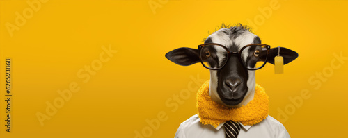 Funny sheep with cool glasses with colored tie.  On blue color full vivid background. photo