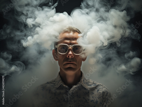 "Clear Vision" Description: The photo portrays a person wearing glasses with one lens obstructed by a cloud of smoke.
