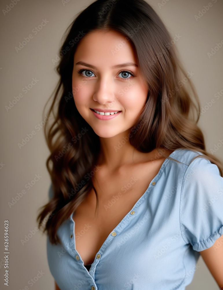 Portrait beautiful 21yr old woman wearing a blue blouse Portrait beautiful 21yr old woman wearing a blue blouse