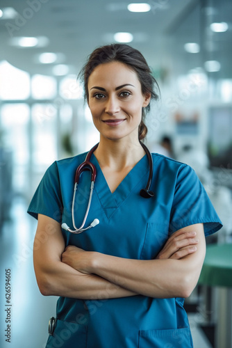 Beautiful nurse woman 36 years old in a blue scrub hair tied back on top of the head posing for photo crossing arms