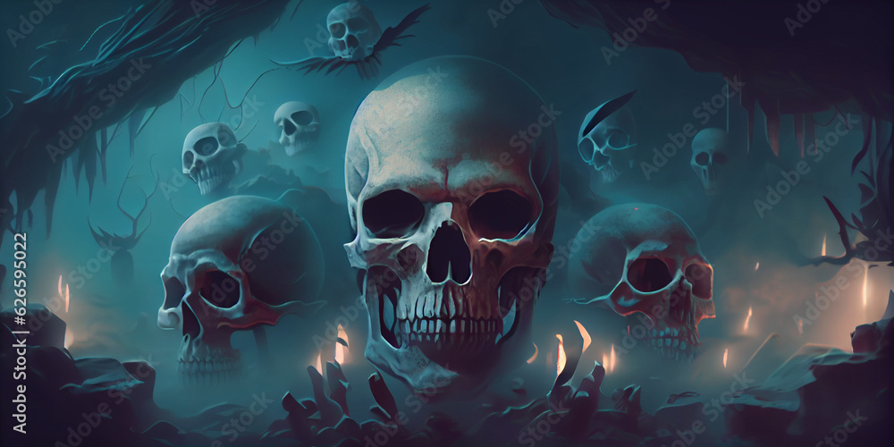 Banner featuring skulls of the dead. Illustration of a scary scene with ghostly skulls in a mist. Ai generated image Banner featuring skulls of the dead. Illustration of a scary scene with ghostly skulls in a mist. Ai generated image