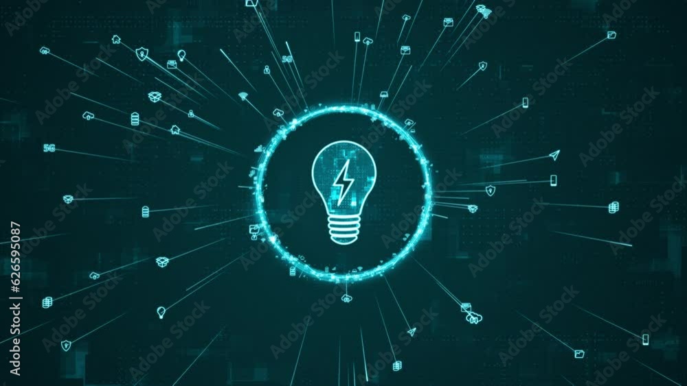 Motion graphic of Blue digital lamp logo and ring rotation around logo with ai icon spread and line linked on abstract background with lightbulb and ideas concepts Motion graphic of Blue digital lamp logo and ring rotation around logo with ai icon spread and line linked on abstract background with lightbulb and ideas concepts
