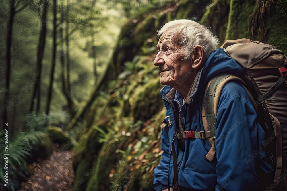 Elder hiking on scenic trail in nature, man in forest Elder hiking on scenic trail in nature, man in forest
