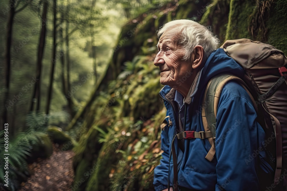 Elder hiking on scenic trail in nature, man in forest