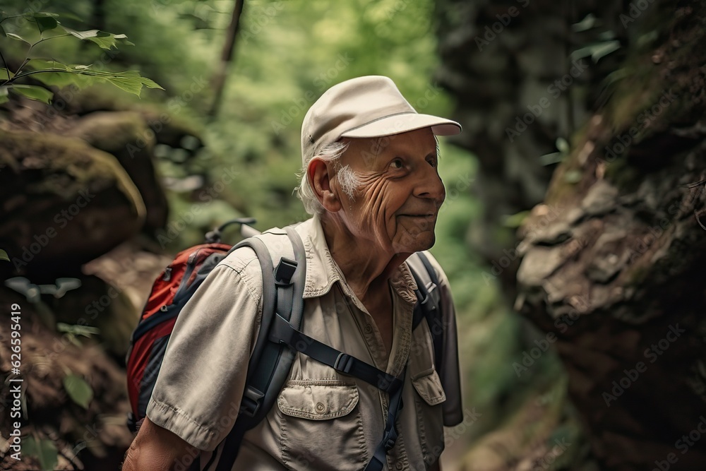 Elder man hiking on forest scenic trail in nature