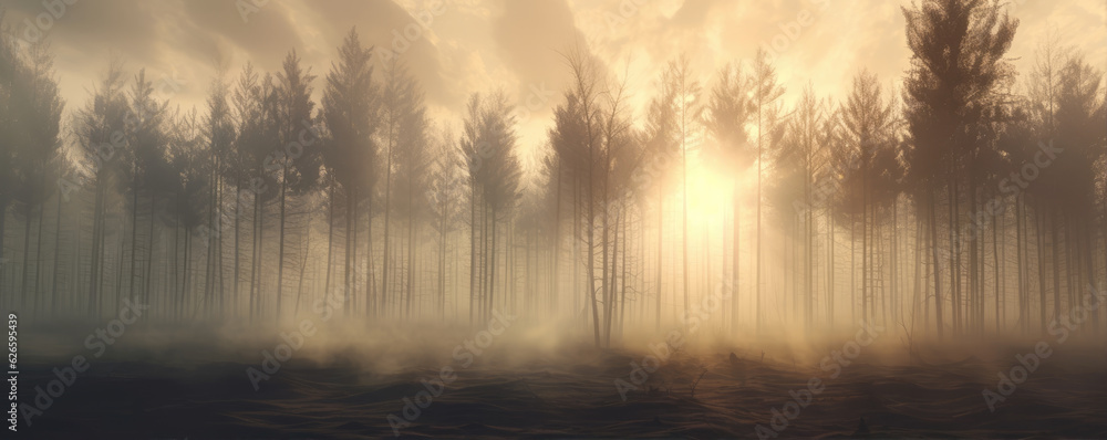 forest with trees covered in misty fog.