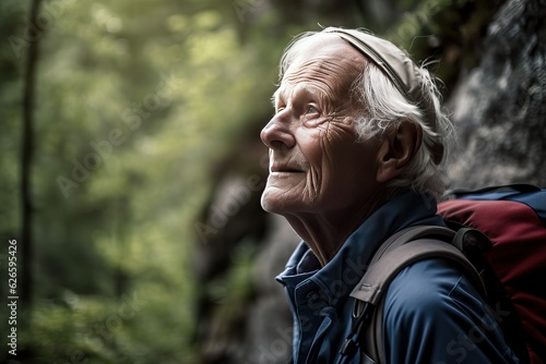 Elder hiking on scenic trail in nature, man in forest