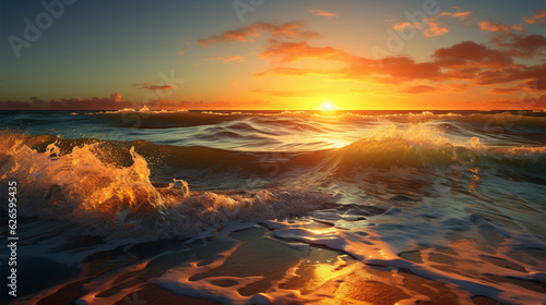 Sea waves hitting the shore. Sunset. Generative AI.