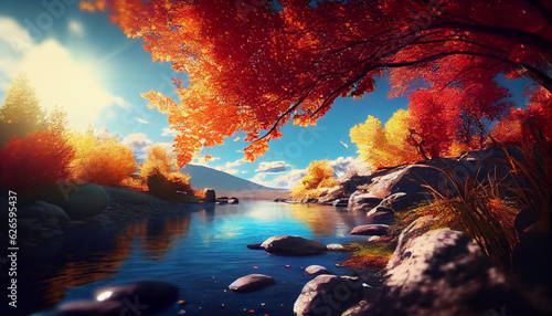Beautiful autumnal landscape with colorful trees, fall leaves and flowing water, blue sky background with sunshine Ai generated image