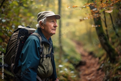 Elder hiking on scenic trail in nature, man in forest © thesweetsheep