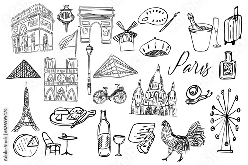 Paris objects vector set , churches, tour, metro, restaurants, cheese, wine, etc