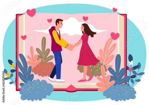 Clipart of a man and a woman holding hands on open book, vector illustration © rudall30