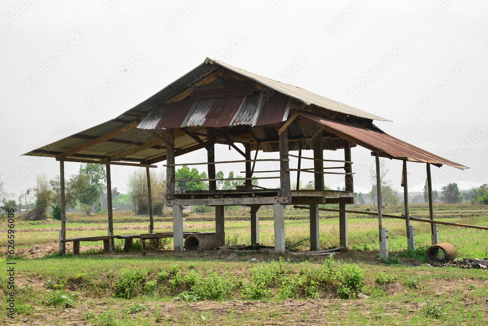 Bamboo hut with old galvanized metal roof. Country house in Asian style wagon. Rural countryside background, blue skies with clouds. Landscape with typical farm hut surround by terraced rice field