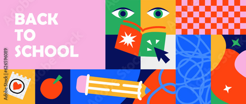 Horizontal poster or web banner in trendy doodle style with geometric shapes, bold design elements and modern typography. Back to school, college, education, study concept. Template for ads, branding