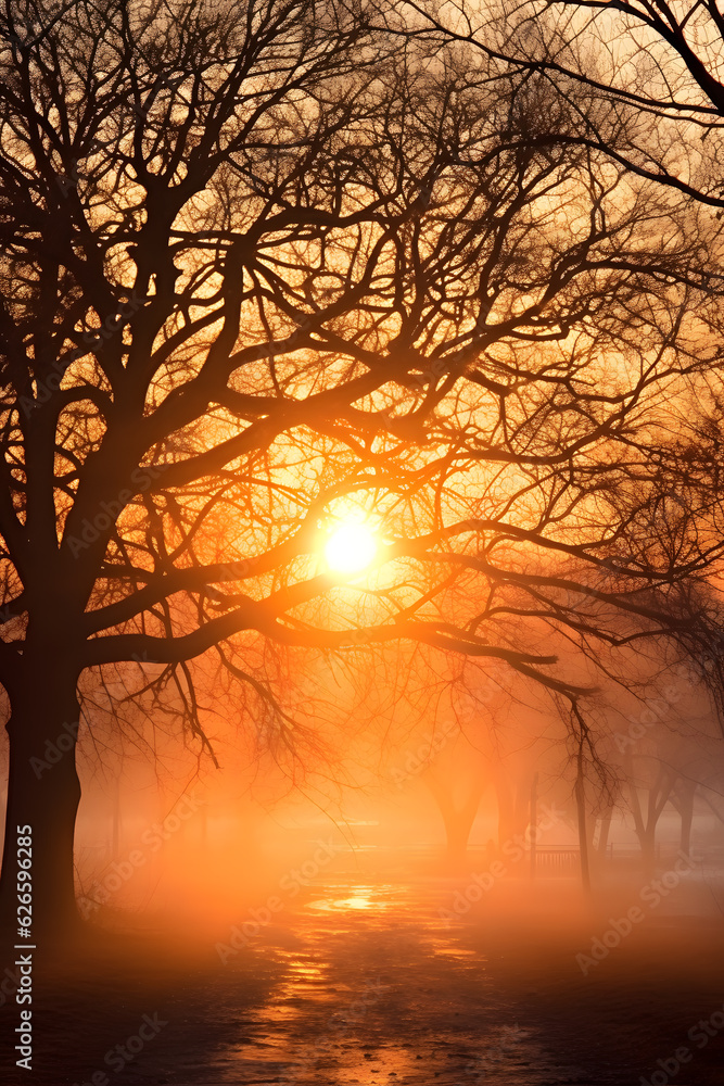 Morning Sunlight Shining Through a Dead Tree in the Early Morning Morning Sunlight Shining Through a Dead Tree in the Early Morning