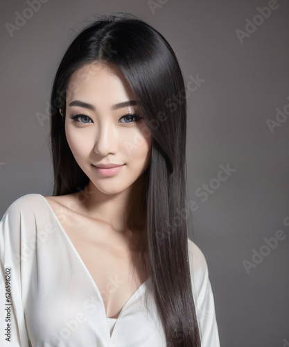 Portrait of asian beautiful chick in white dress and blue eyes
