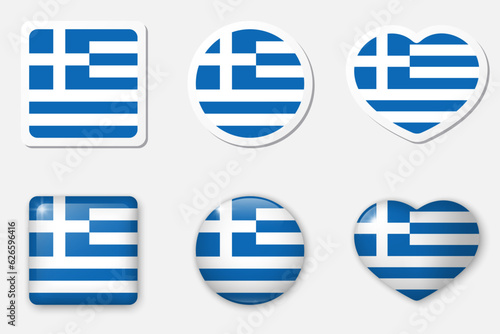 Flag of Greece icons collection. Flat stickers and 3d realistic glass vector elements on white background with shadow underneath.