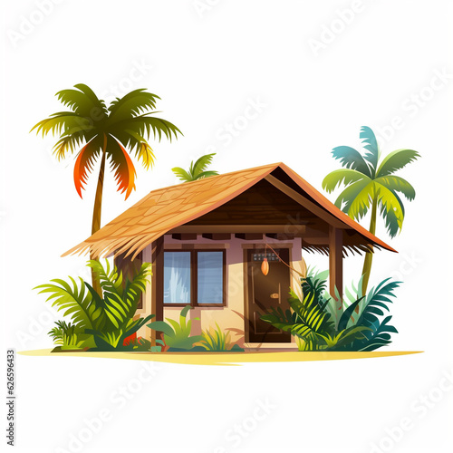 Illustration of a small house with a tropical climate concept design. Has a pitched roof and wide windows for ventilation.