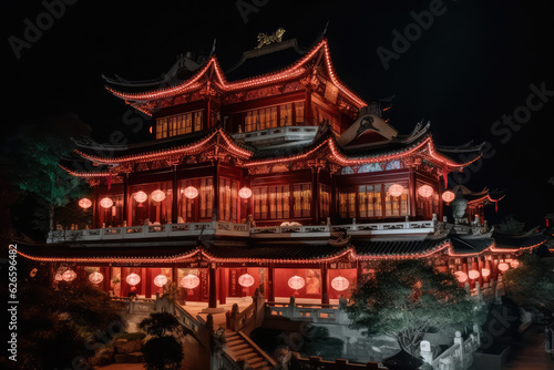 Traditional Chinese Buddhist Temple at night illuminated for the Mid-Autumn festival. Traditional Chinese lanterns display in Temple illuminated for Chinese new year festival.  generative AI  