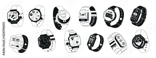 Black And White Smartwatches With A Range Of Smart Features, Including Fitness Tracking, Notifications, Vector Icons Set