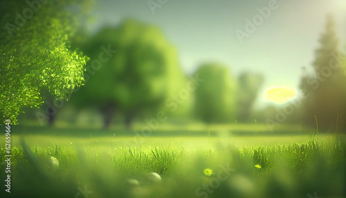 Beautiful blurred green nature background with green meadow in foreground, idyllic area for recreation, fresh springtime or summertime concept Ai generated image