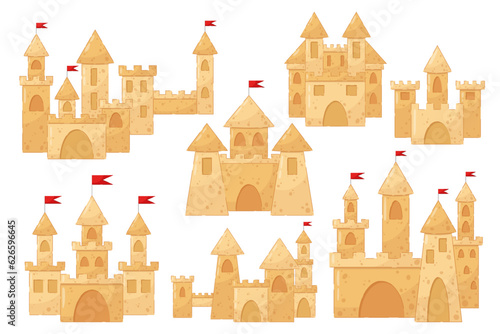 A large set of illustrations of sand castles on a transparent background. Rest, beach, sand castle.