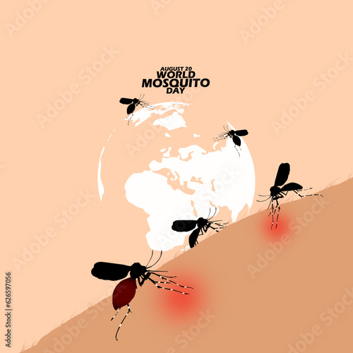 Some malaria mosquito perched on hand with earth icon and bold text on light brown background to commemorate World Mosquito Day on August 20