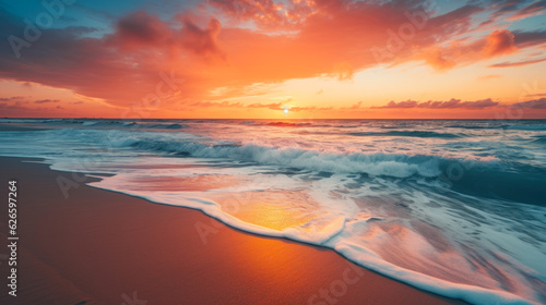 beautiful sea evening sunset juicy orange sun and surf waves generative ai