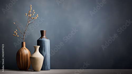 Schöne dekorative Blumenvasen auf einem Sideboard mit dunklen Hintergrund, ai generativ