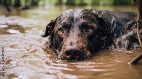 flood dog rescue, scared dog in the water generative ai