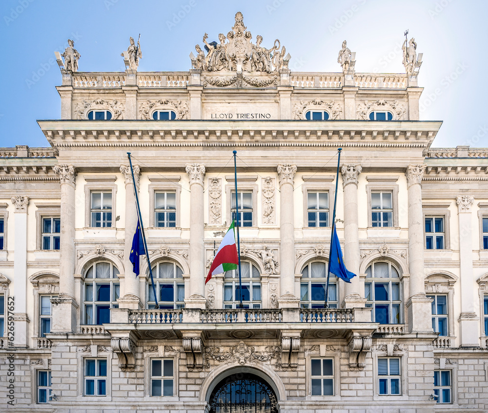 Façade of Lloyd Triestino Palace, built in 19th century in piazza Unità d'Italia,  today house of the regional government, Trieste city center, Italy