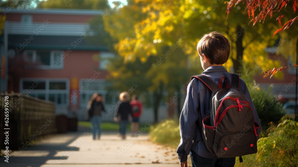 Obraz premium schoolboy with a backpack goes to school back view generative ai