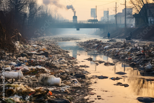 Fototapet Indian river polluted with garbage and waste generative ai