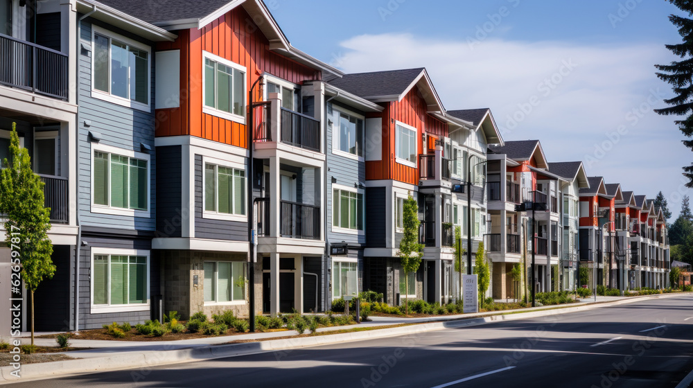 Obraz premium apartment buildings in the middle of the street, rental property generative ai