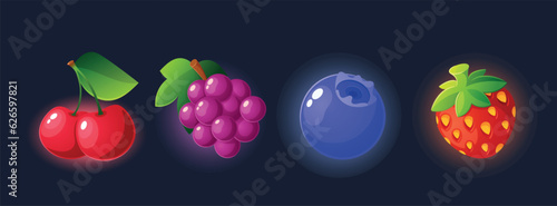 Cartoon Fruits and Berries Game Icons. Vibrant And Playful Cherry, Grapes, Blueberry and Strawberry Elements, Vector