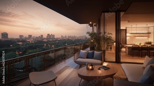 Photo apartment condominium interior design living room and balcony terrace with backg