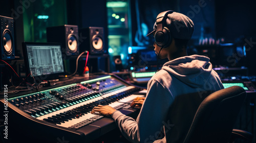 sound engineer in headphones. in recording studio generative ai