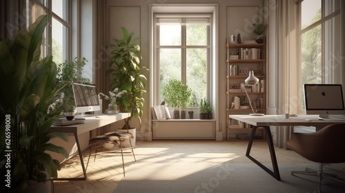 Modern study room area home interior design and decoration ideas house beautiful background,home studio with natural day light with garden or park background,ai generate © VERTEX SPACE