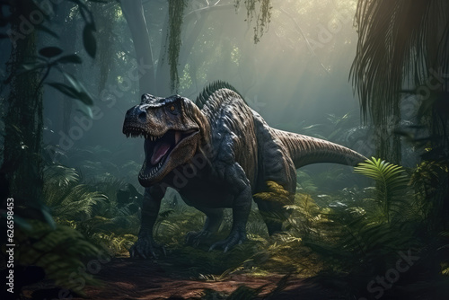  Extremely detailed and realistic illustration of dinosaur, t rex hunting in prehistoric jungle, generative AI © Kien