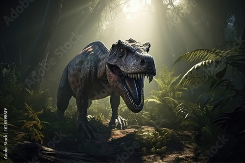  Extremely detailed and realistic illustration of dinosaur, t rex hunting in prehistoric jungle, generative AI