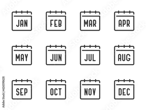 Сalendar months vector line icons. Date, Schedule and Timetable outline icon set. Short names of months from January to December.