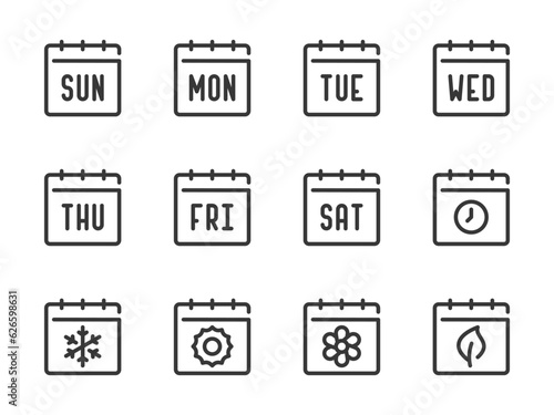 Days of the week and Seasons vector line icons. Calendar, Schedule, Date and Timetable outline icon set. Short names of days of the week from Sunday, Monday to Saturday.