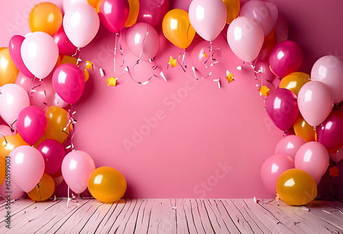 3d Festive birthday anniversary with box gift white pink and gold helium balloons background