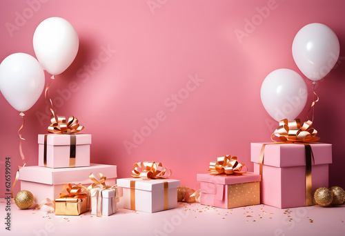 3d Festive birthday anniversary with box gift white pink and gold helium balloons background © happymonday