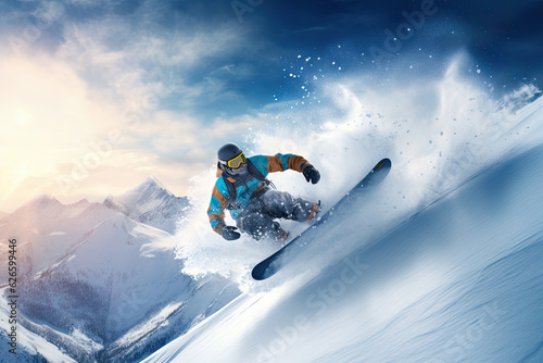 Snowboarder in action riding a snowboard and jump in the snow, Winter Sport - Generative Ai