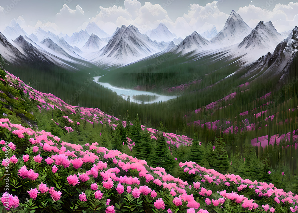 Painting of a mountain landscape with flowers and a lake in the foreground Beautiful nature, painted images in the style of ,Generative AI Painting of a mountain landscape with flowers and a lake in the foreground Beautiful nature, painted images in the style of ,Generative AI