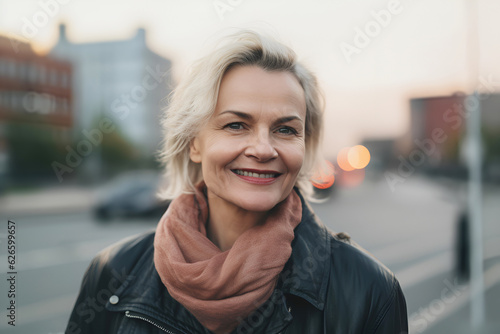 Middle Aged Smiling Blonde Woman Standing in a City: AI Generated