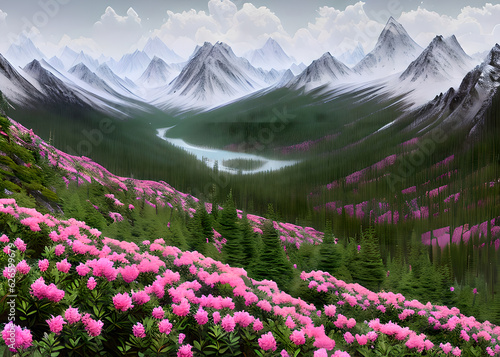 Painting of a mountain landscape with flowers and a lake in the foreground Beautiful nature, painted images in the style of ,Generative AI