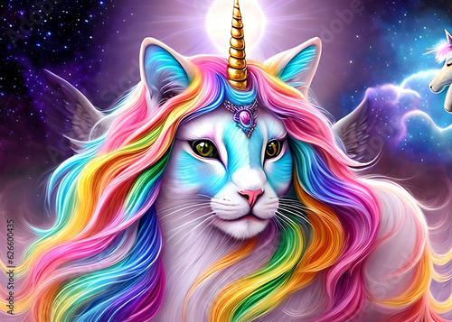 Fantasy unicorns and rainbow mesh on the background of clouds fairytale dream style,Generative AI